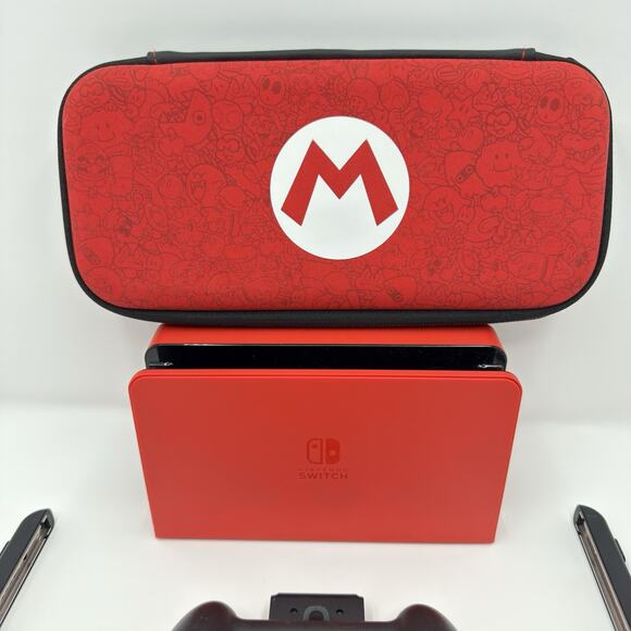 Nintendo Switch OLED HEG001 Mario Red Edition 64GB Console Dock Case Bundle - Picture 2 of 16